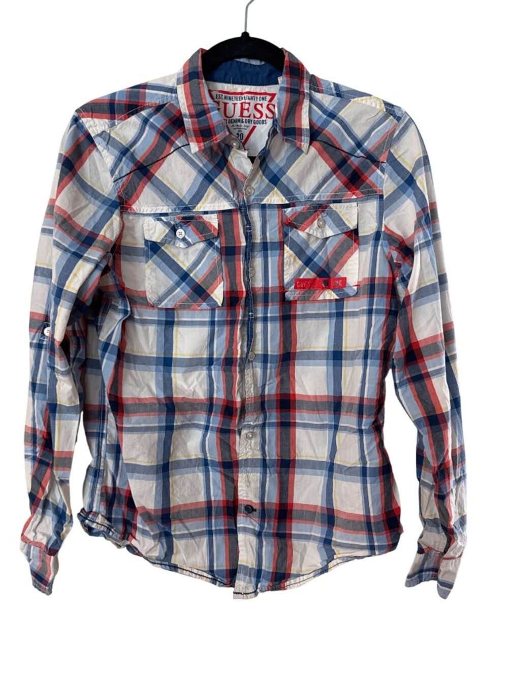 Guess Plaid Button-Up Shirt Red/Blue/White XL Long Sleeve 100% Cotton Casual Los
